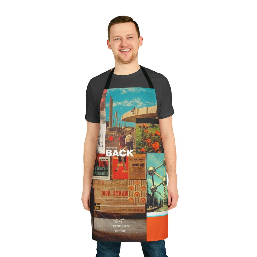 Retro collage art apron with vintage typography, floral patterns, and pop art inspired designs