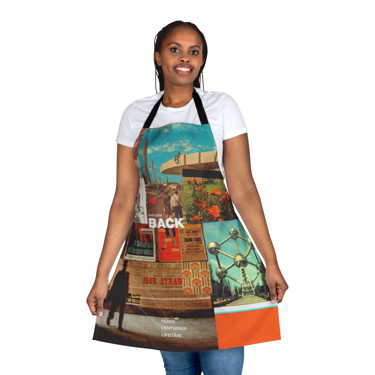 Retro collage art apron with vintage typography, floral patterns, and pop art inspired designs