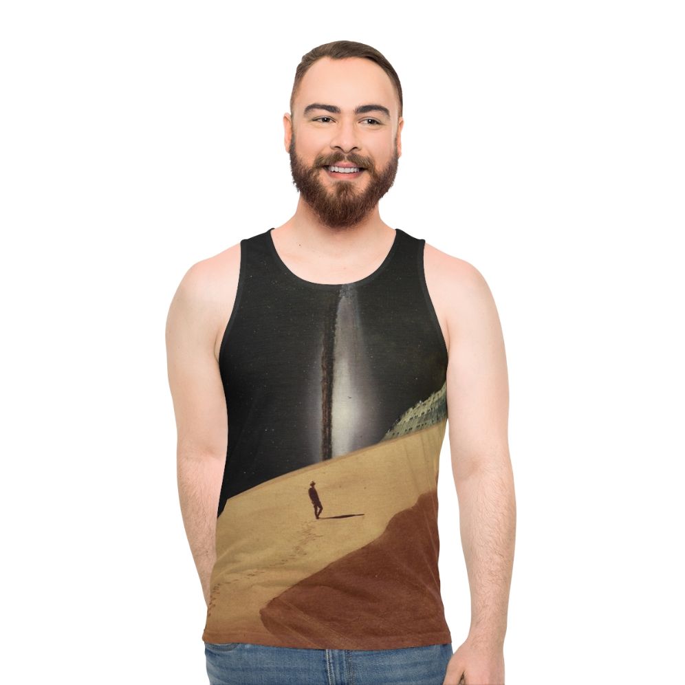 Retro collage design tank top depicting a dreamy desert landscape with stars and space elements