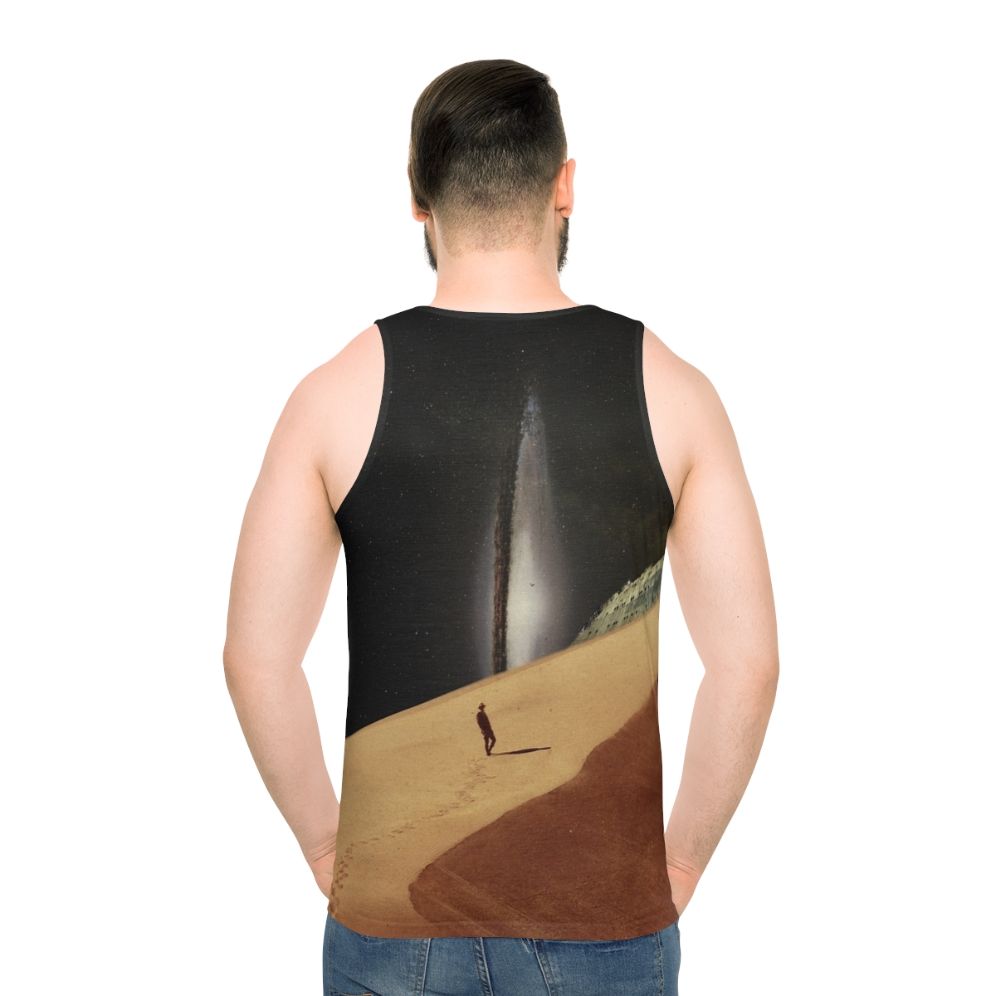 Retro collage design tank top depicting a dreamy desert landscape with stars and space elements
