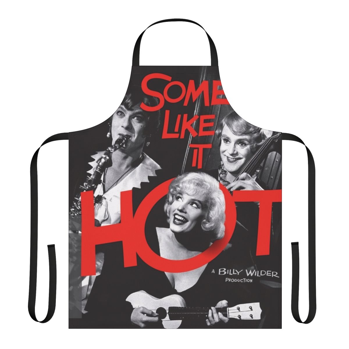 Vibrant comedy-themed apron with "Some Like It Hot" retro design