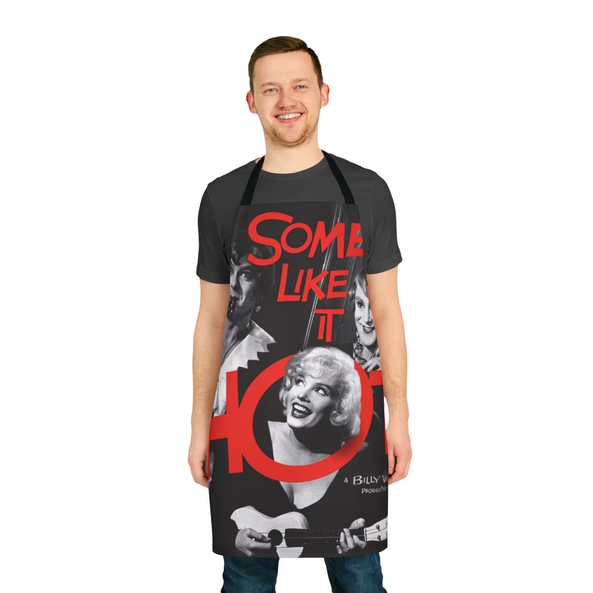 Vibrant comedy-themed apron with "Some Like It Hot" retro design