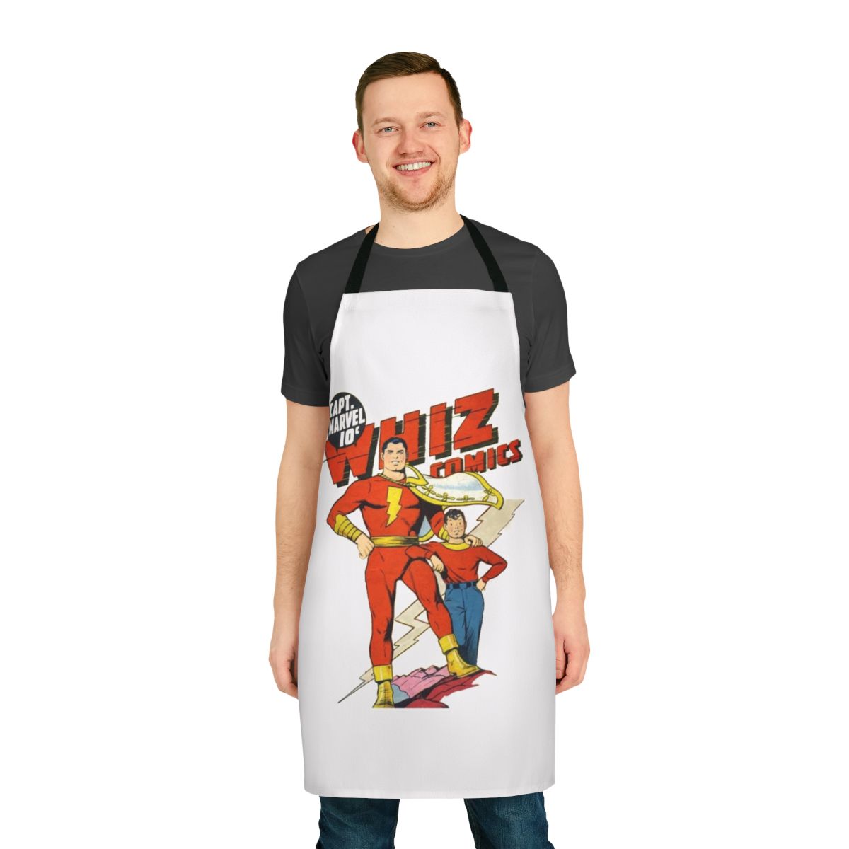 Retro comic apron featuring a vintage golden age superhero design