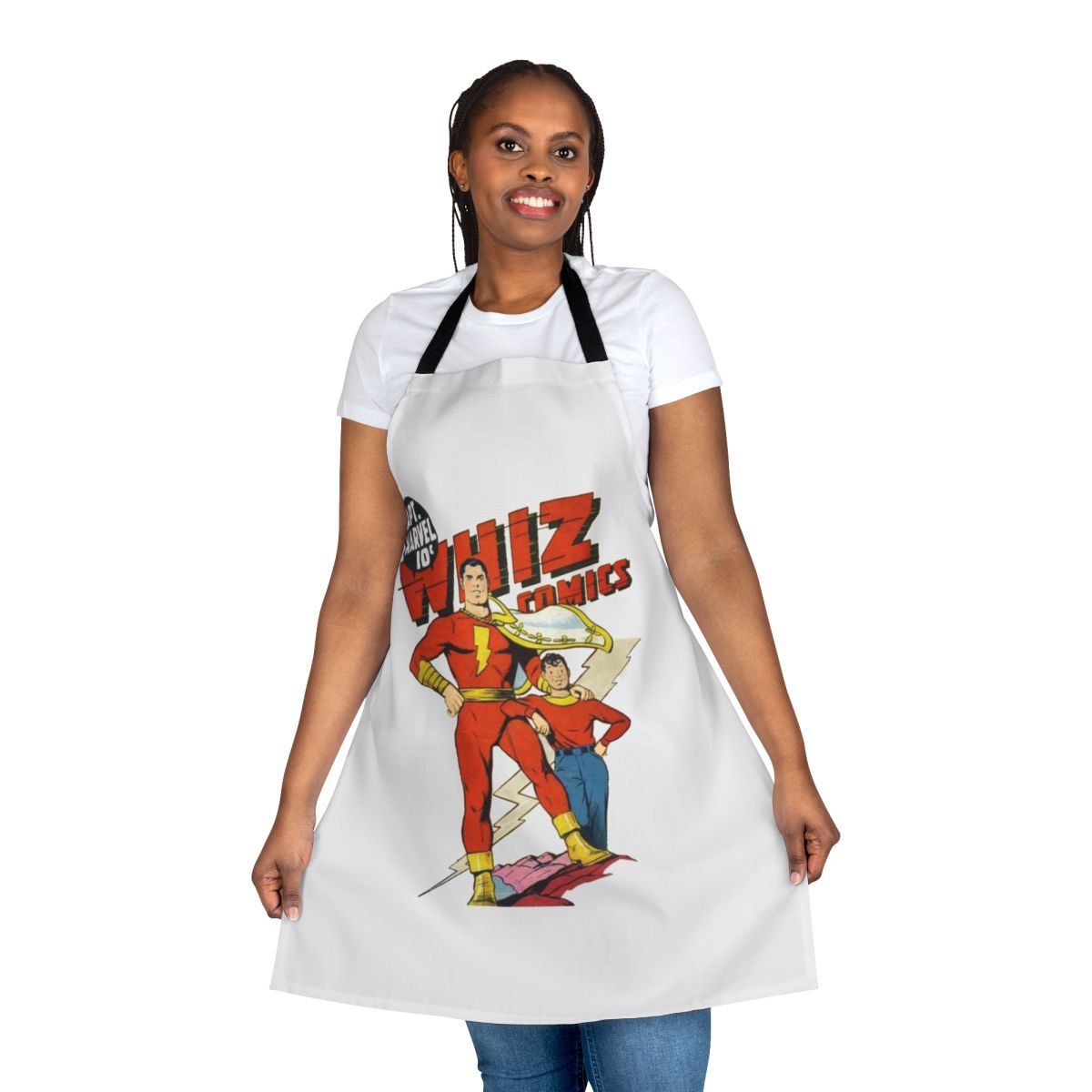 Retro comic apron featuring a vintage golden age superhero design