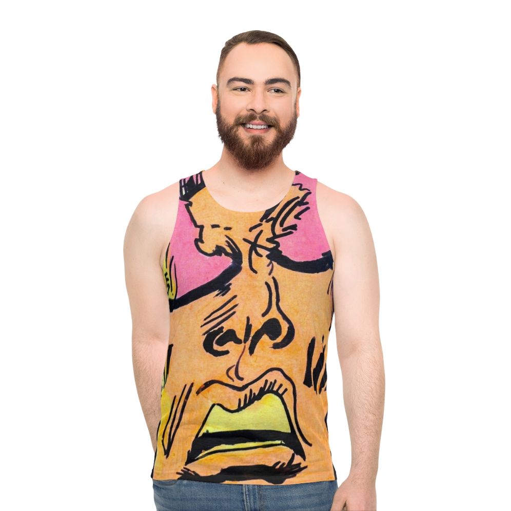 Retro comic art unisex tank top with expressive superhero faces