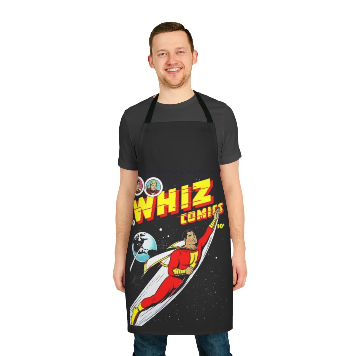 Retro comic book apron featuring a vintage superhero design