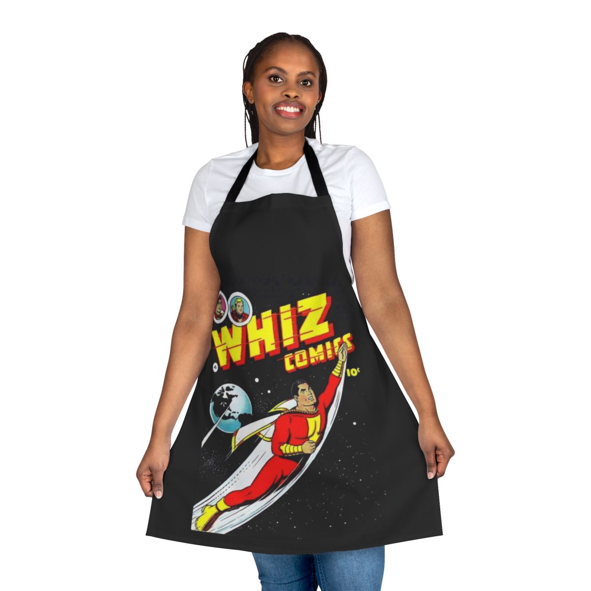 Retro comic book apron featuring a vintage superhero design