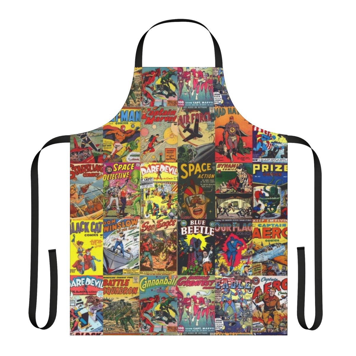 Retro-style comic book collage pattern printed on a high-quality apron.