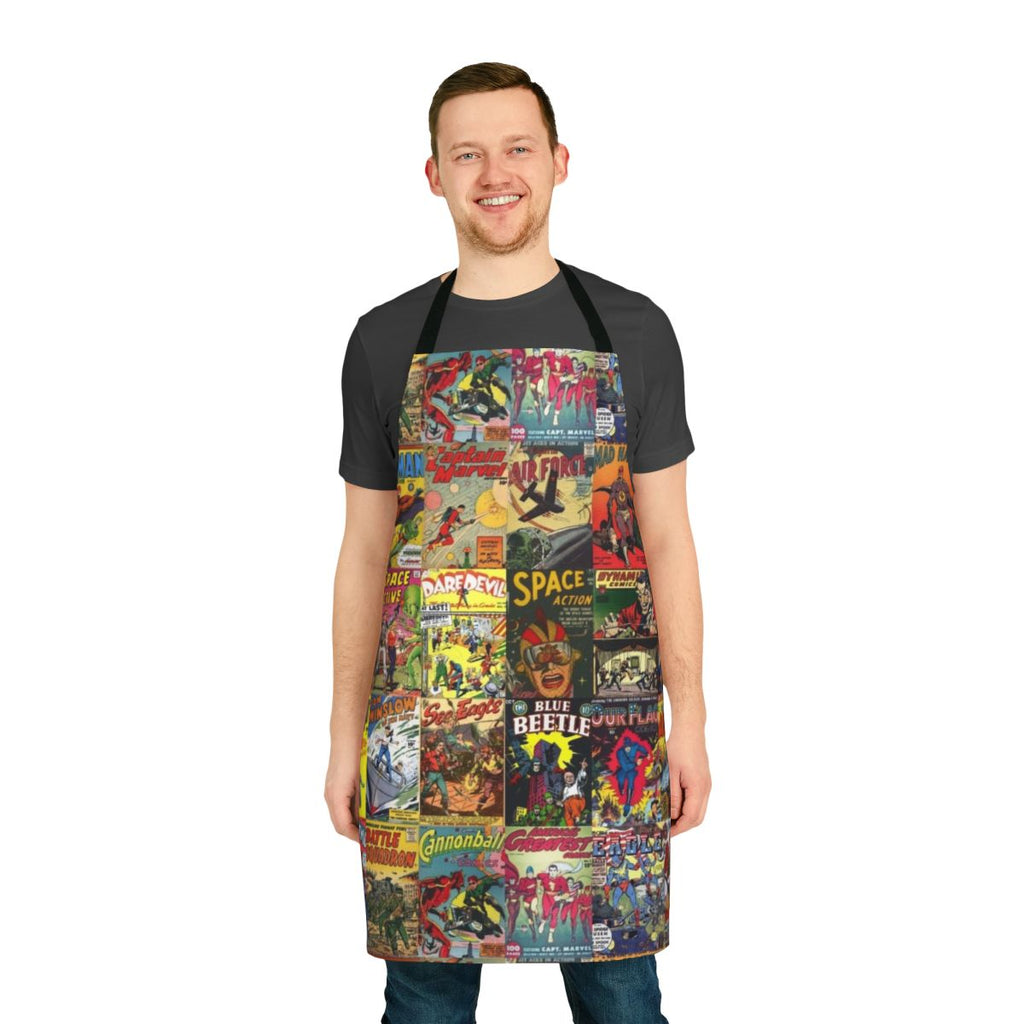Retro-style comic book collage pattern printed on a high-quality apron.