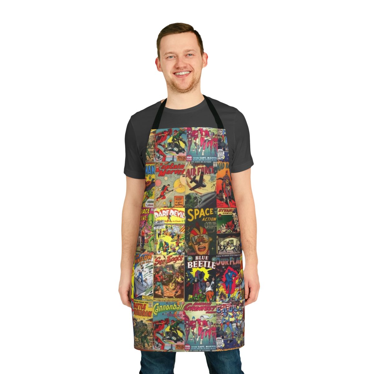 Retro-style comic book collage pattern printed on a high-quality apron.