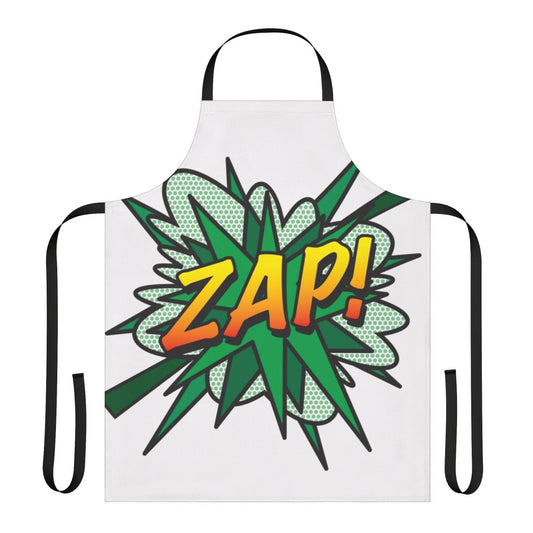 Vibrant comic book inspired apron featuring pop art and retro superhero graphics.