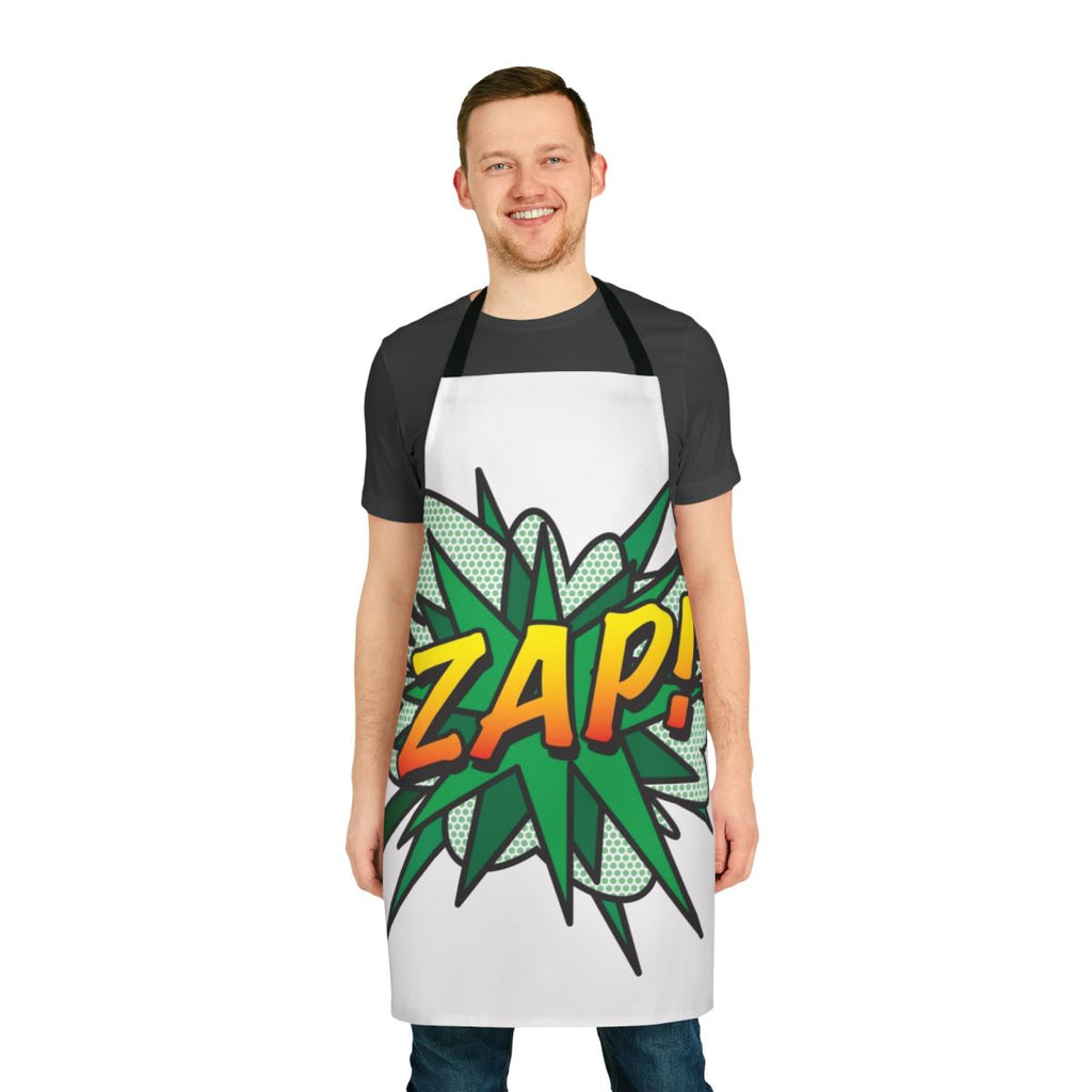 Vibrant comic book inspired apron featuring pop art and retro superhero graphics.