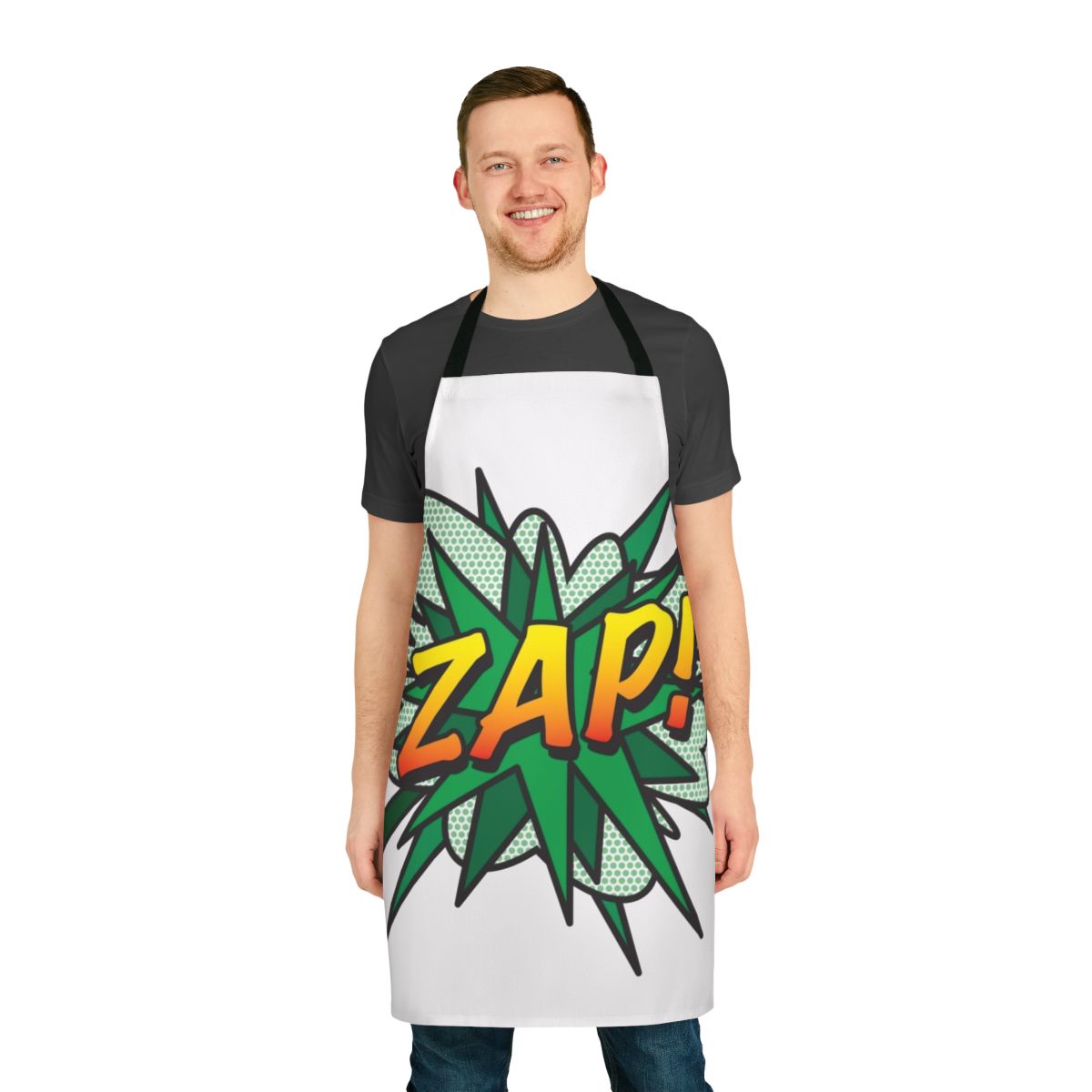 Vibrant comic book inspired apron featuring pop art and retro superhero graphics.