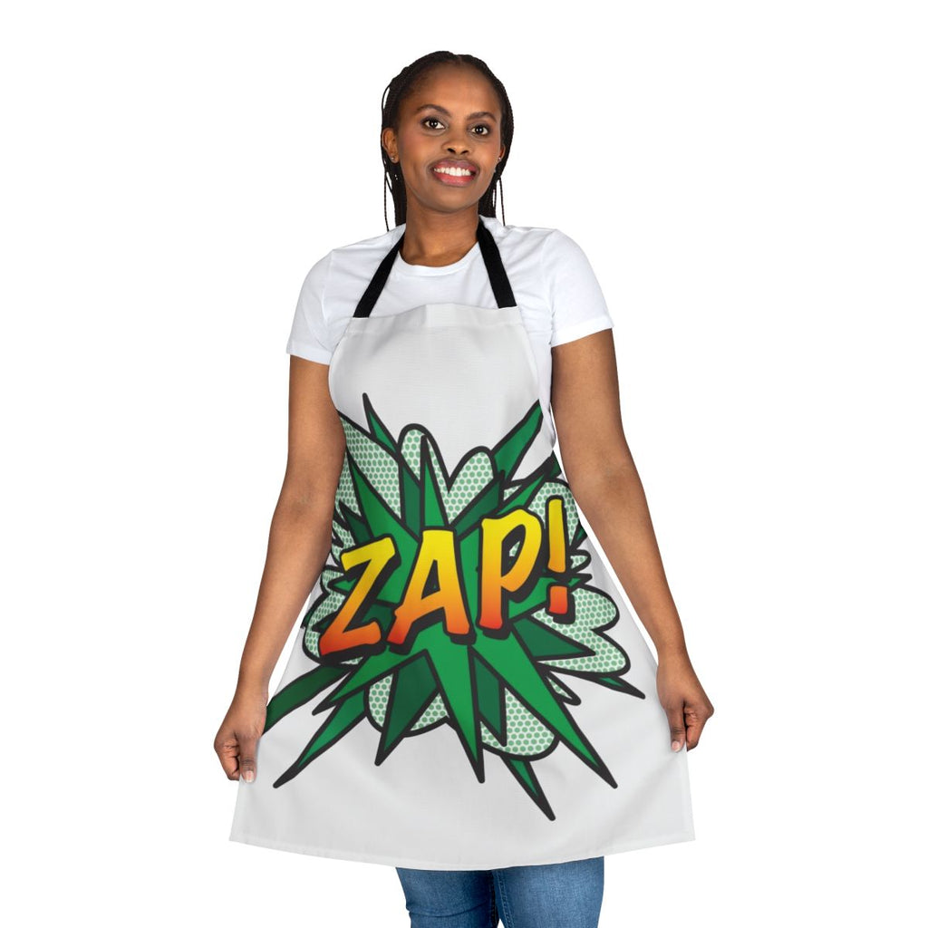 Vibrant comic book inspired apron featuring pop art and retro superhero graphics.