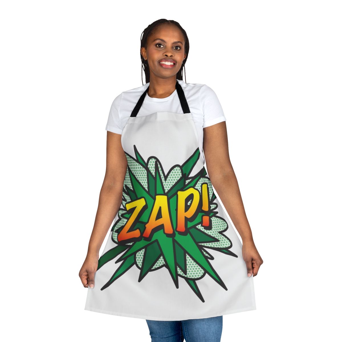 Vibrant comic book inspired apron featuring pop art and retro superhero graphics.