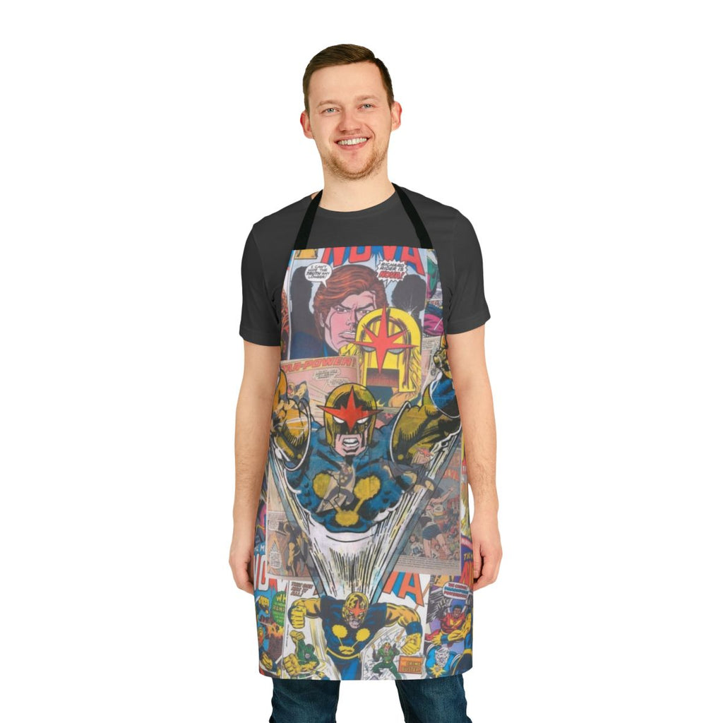 Vintage-style apron featuring a retro comic book superhero design