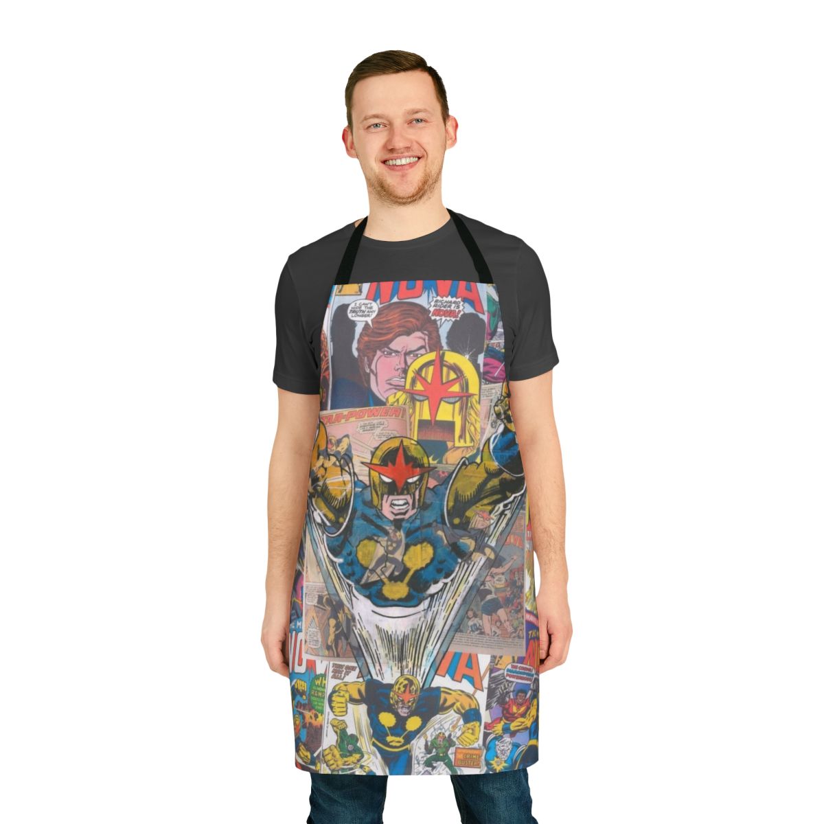 Vintage-style apron featuring a retro comic book superhero design