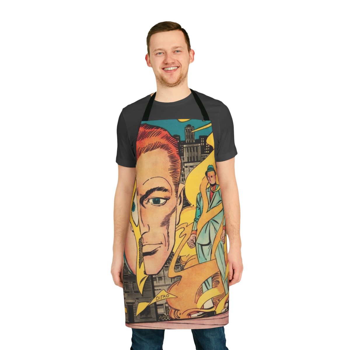 Retro comics inspired apron with "Mysterious Suspense" design