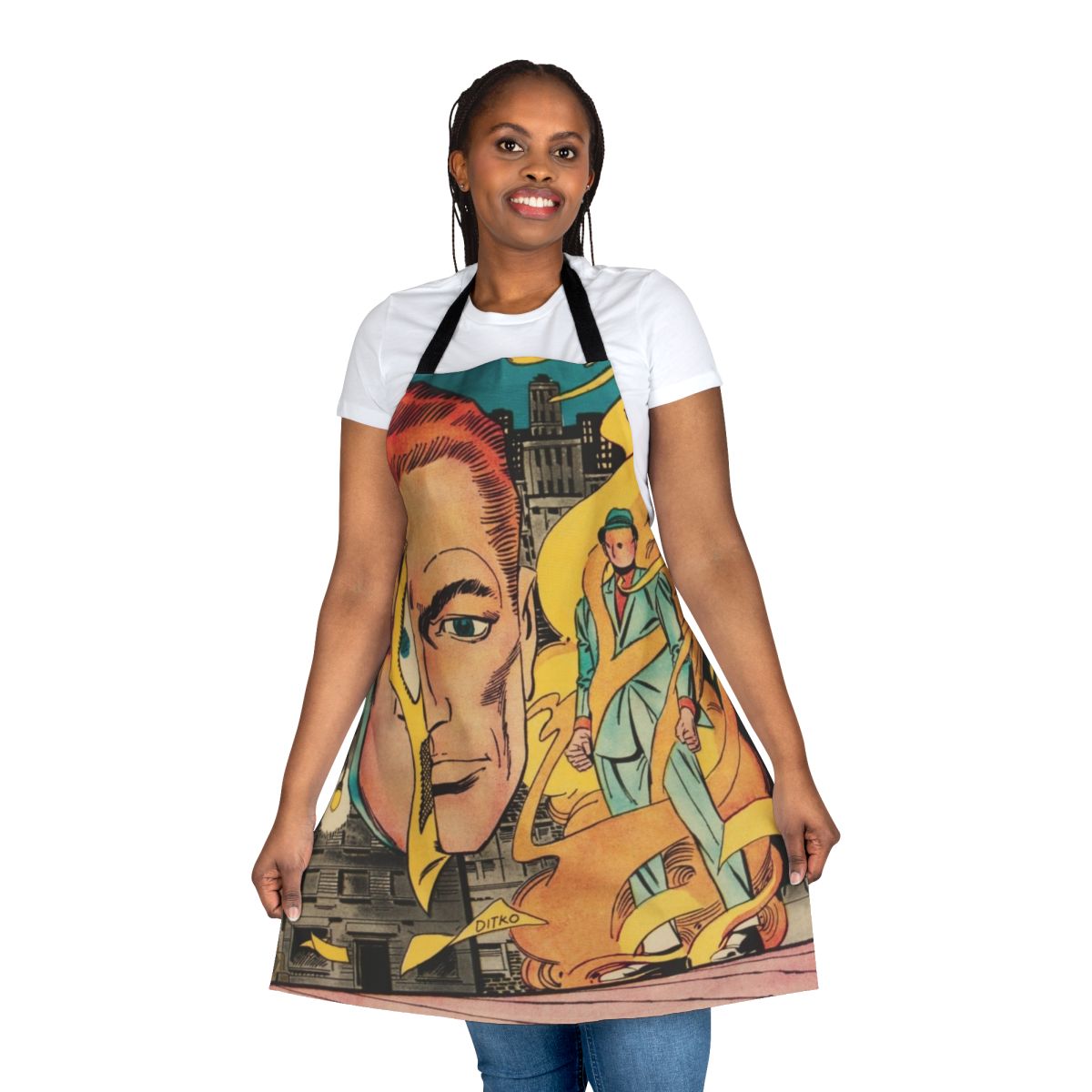 Retro comics inspired apron with "Mysterious Suspense" design