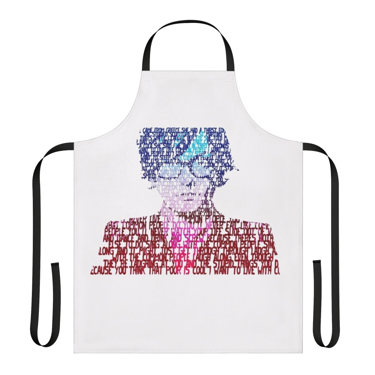 Vibrant retro-style apron with 'Common People' lyrics and 90s Britpop-inspired design