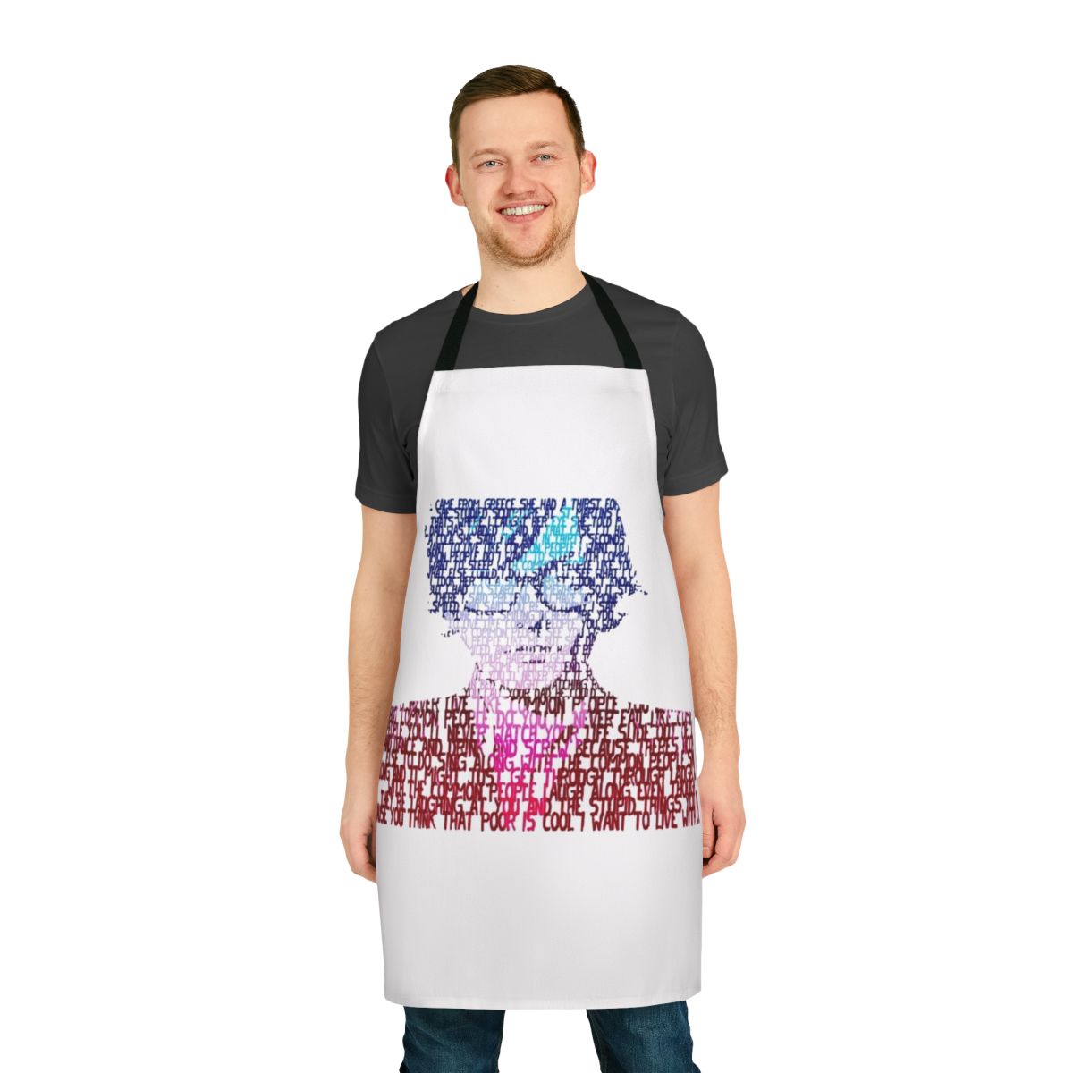 Vibrant retro-style apron with 'Common People' lyrics and 90s Britpop-inspired design