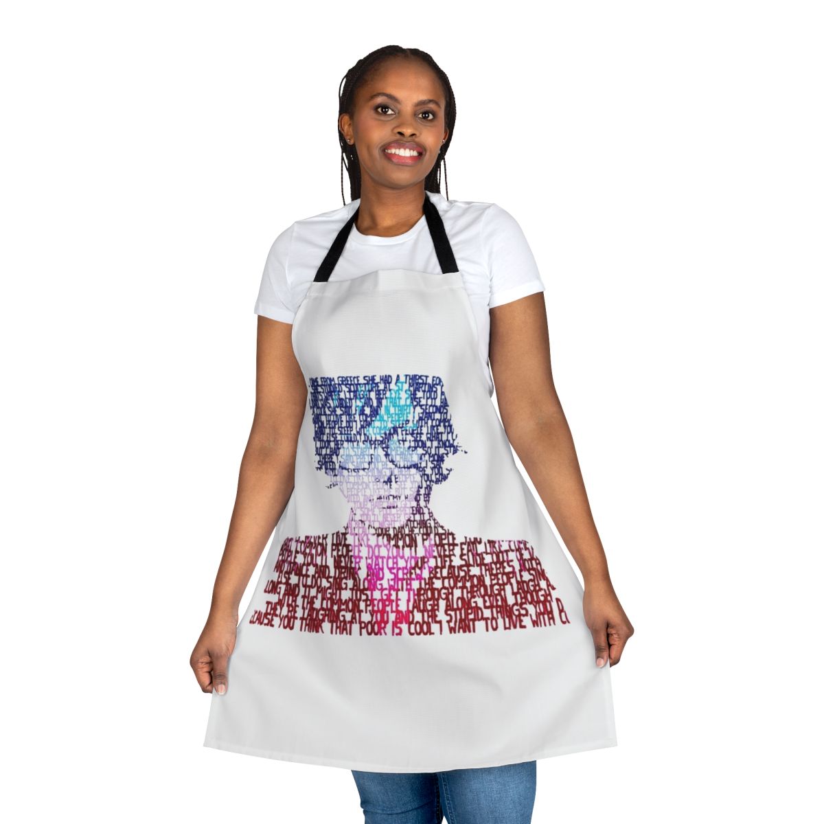 Vibrant retro-style apron with 'Common People' lyrics and 90s Britpop-inspired design