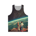 Unisex tank top with retro space-themed romantic couple design