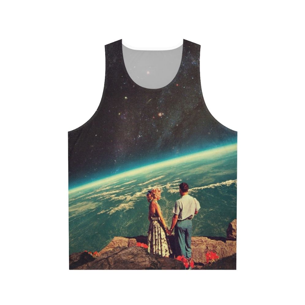 Unisex tank top with retro space-themed romantic couple design