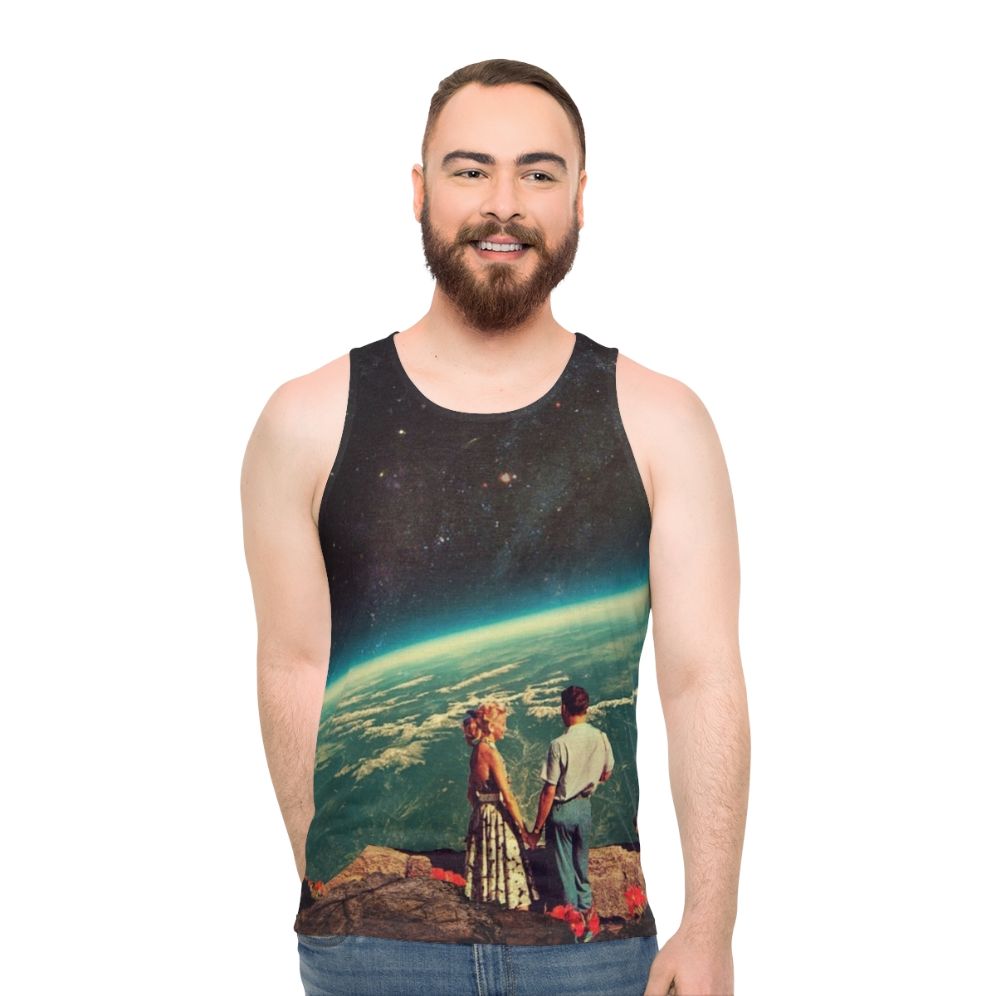 Unisex tank top with retro space-themed romantic couple design
