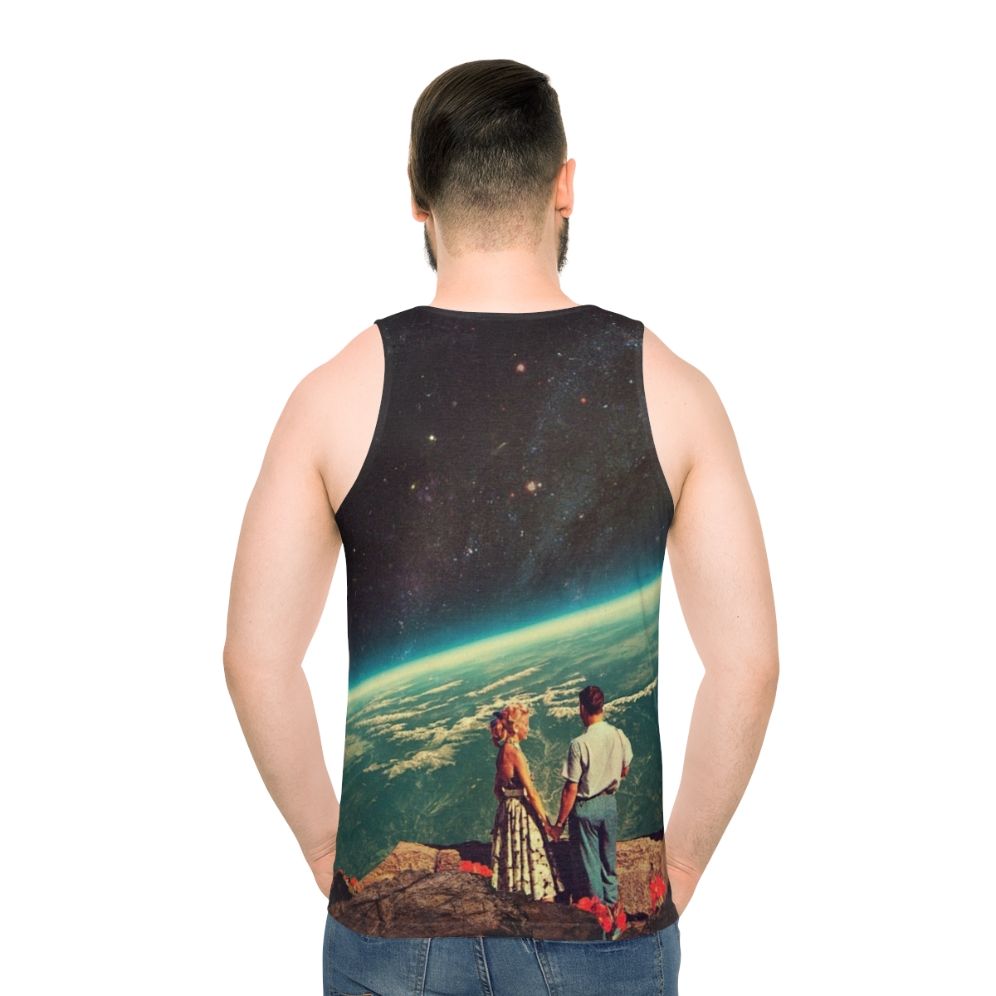 Unisex tank top with retro space-themed romantic couple design