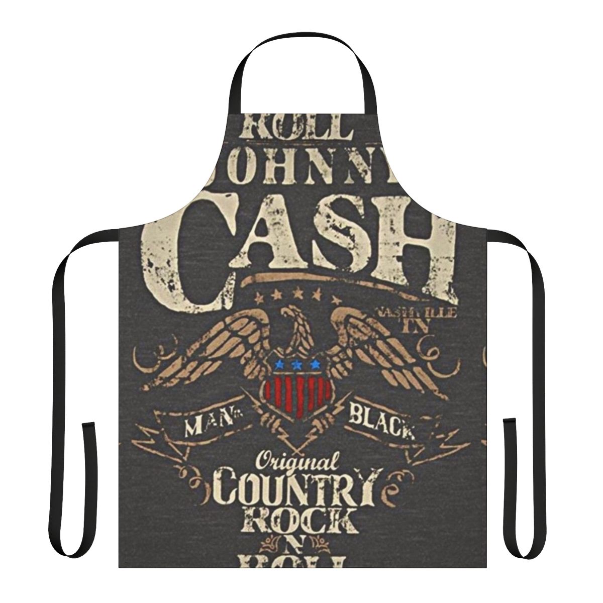 A grey apron with a vintage eagle design, inspired by the iconic look of country music legend Johnny Cash.