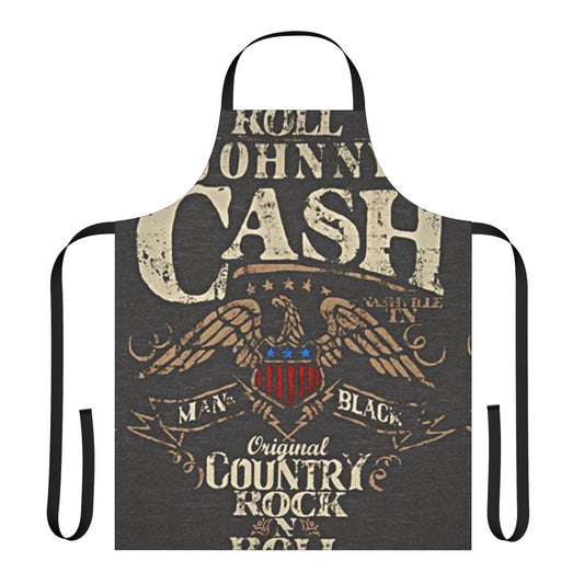 A grey apron with a vintage eagle design, inspired by the iconic look of country music legend Johnny Cash.