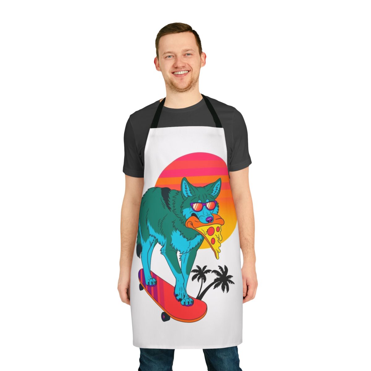Retro coyote apron with vibrant 80s and vaporwave-inspired design