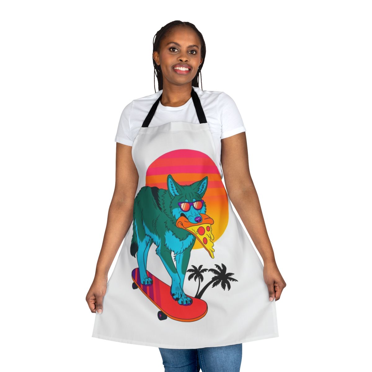 Retro coyote apron with vibrant 80s and vaporwave-inspired design