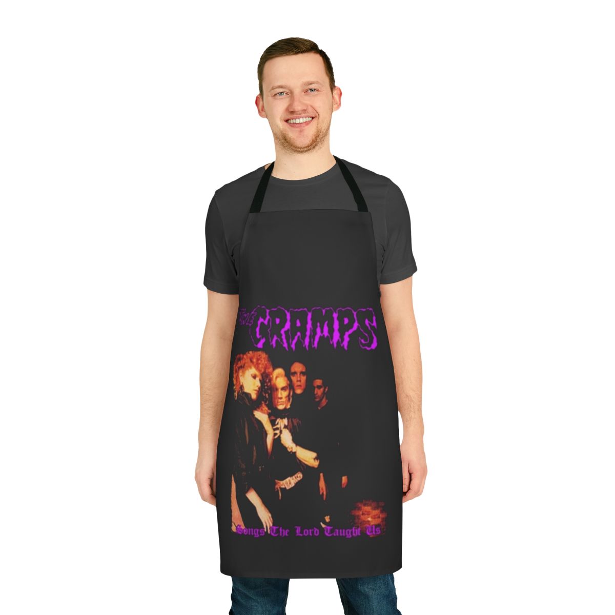 Vintage-style apron featuring The Cramps band logo and artwork