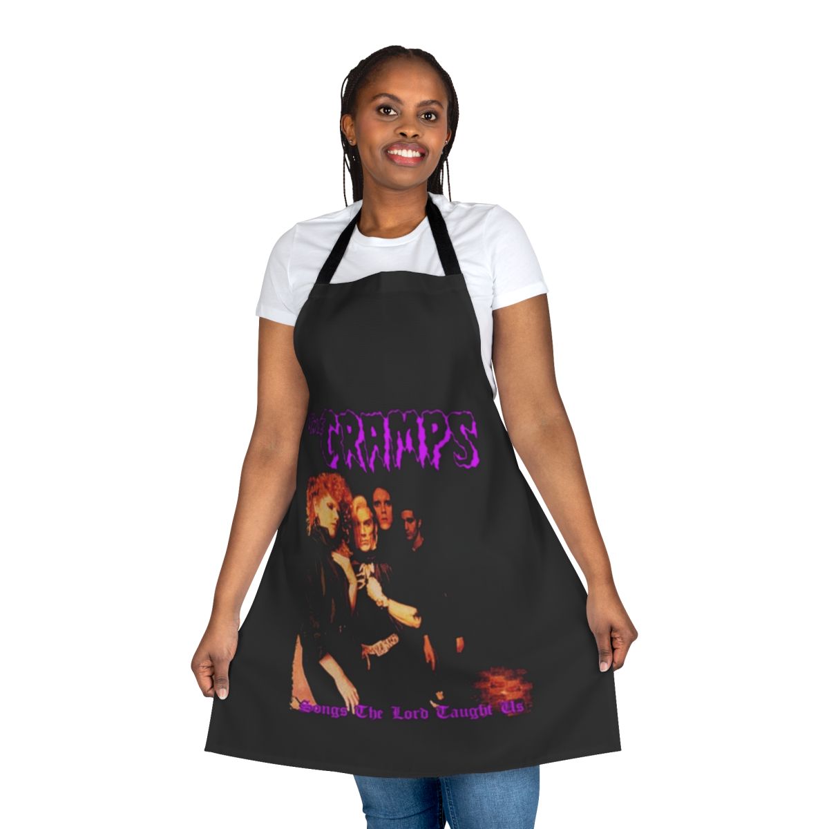 Vintage-style apron featuring The Cramps band logo and artwork