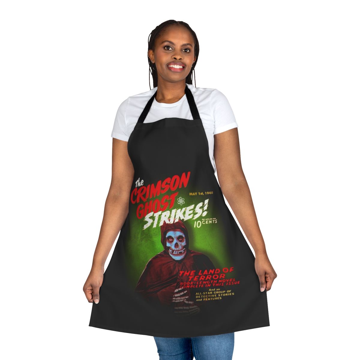 Retro-style Crimson Ghost themed apron for classic horror and sci-fi fans