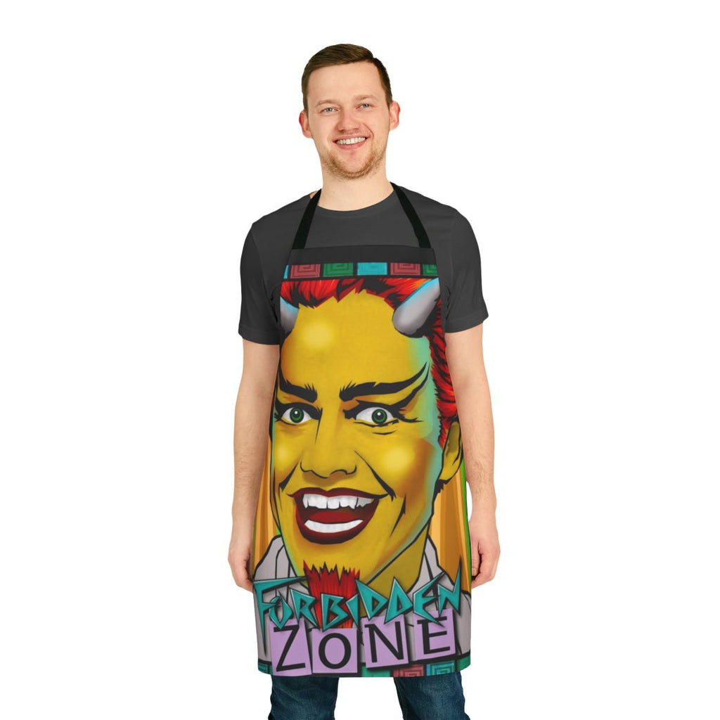 A colorful cooking apron featuring a nostalgic design inspired by the cult classic film "Forbidden Zone"