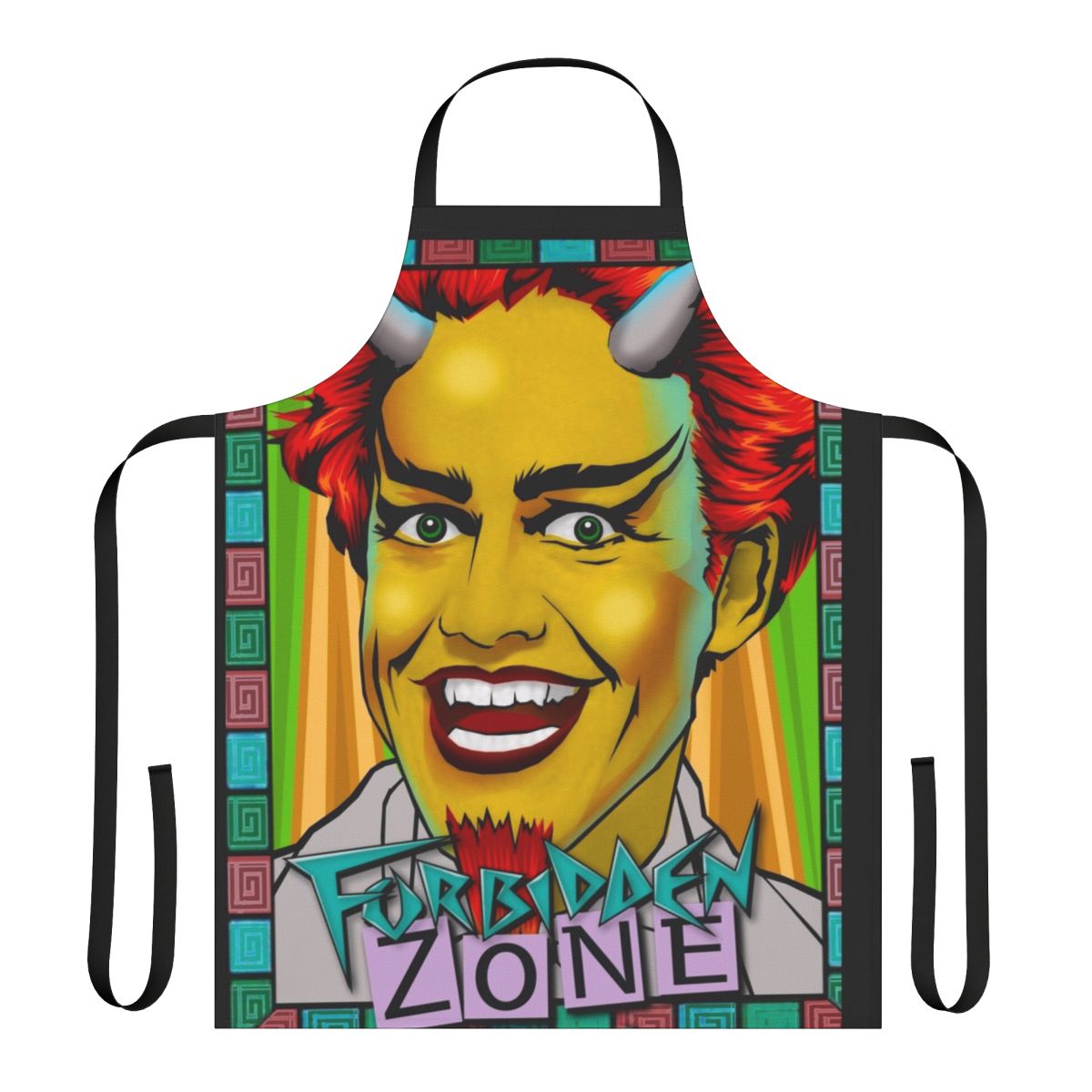 A colorful cooking apron featuring a nostalgic design inspired by the cult classic film "Forbidden Zone"