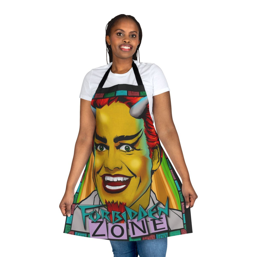 A colorful cooking apron featuring a nostalgic design inspired by the cult classic film "Forbidden Zone"