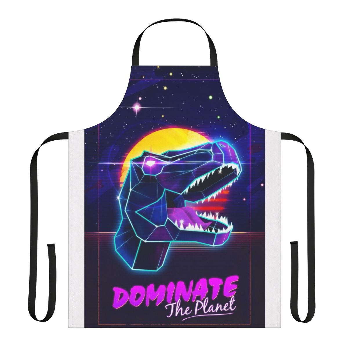 Retro dinosaur apron with cyberpunk and synthwave design elements