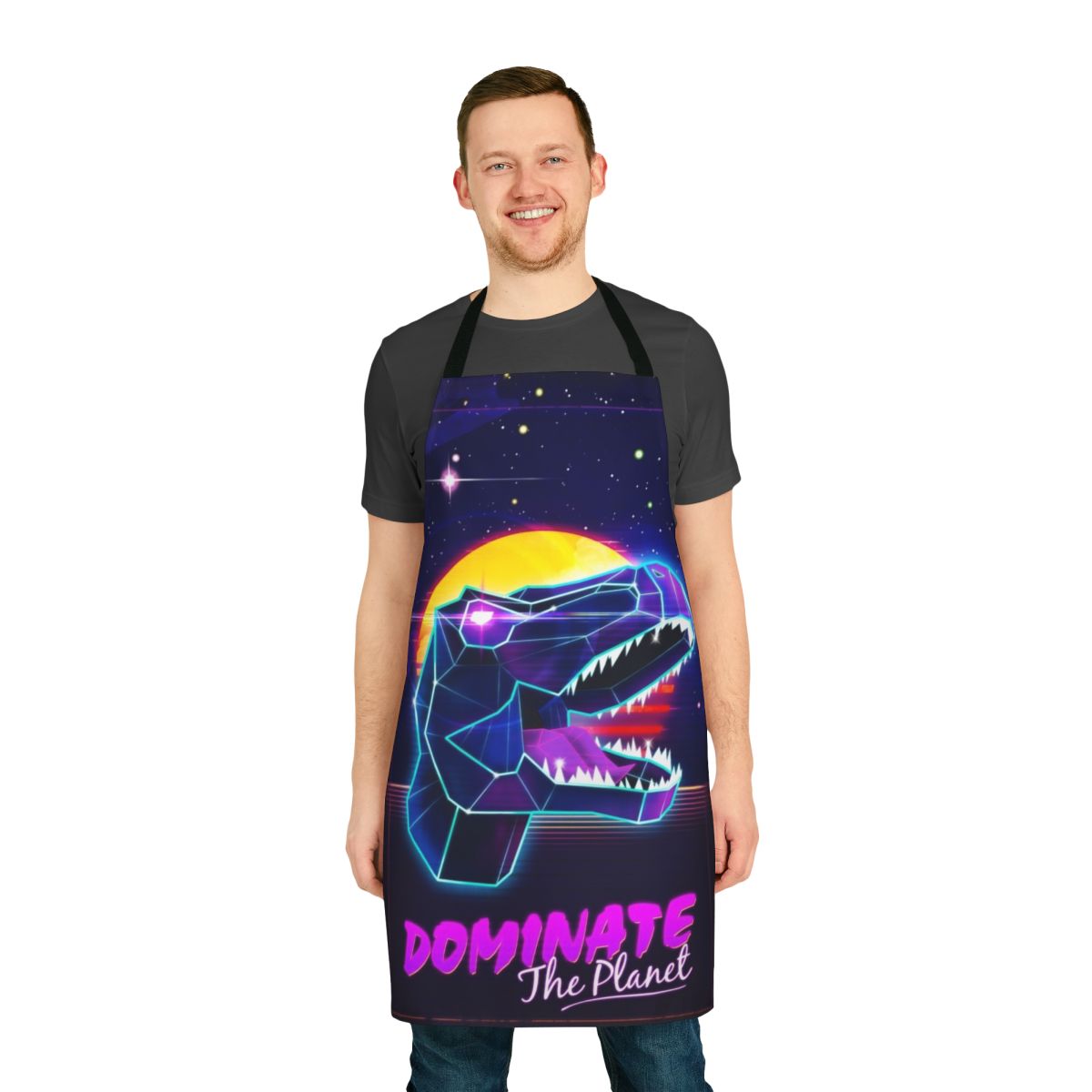 Retro dinosaur apron with cyberpunk and synthwave design elements
