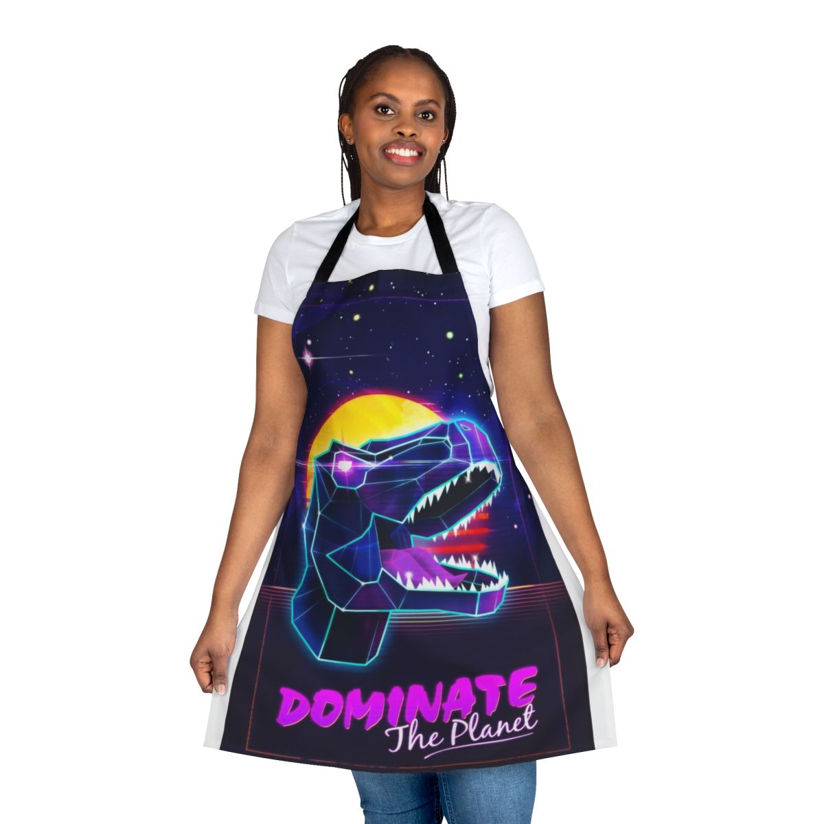 Retro dinosaur apron with cyberpunk and synthwave design elements