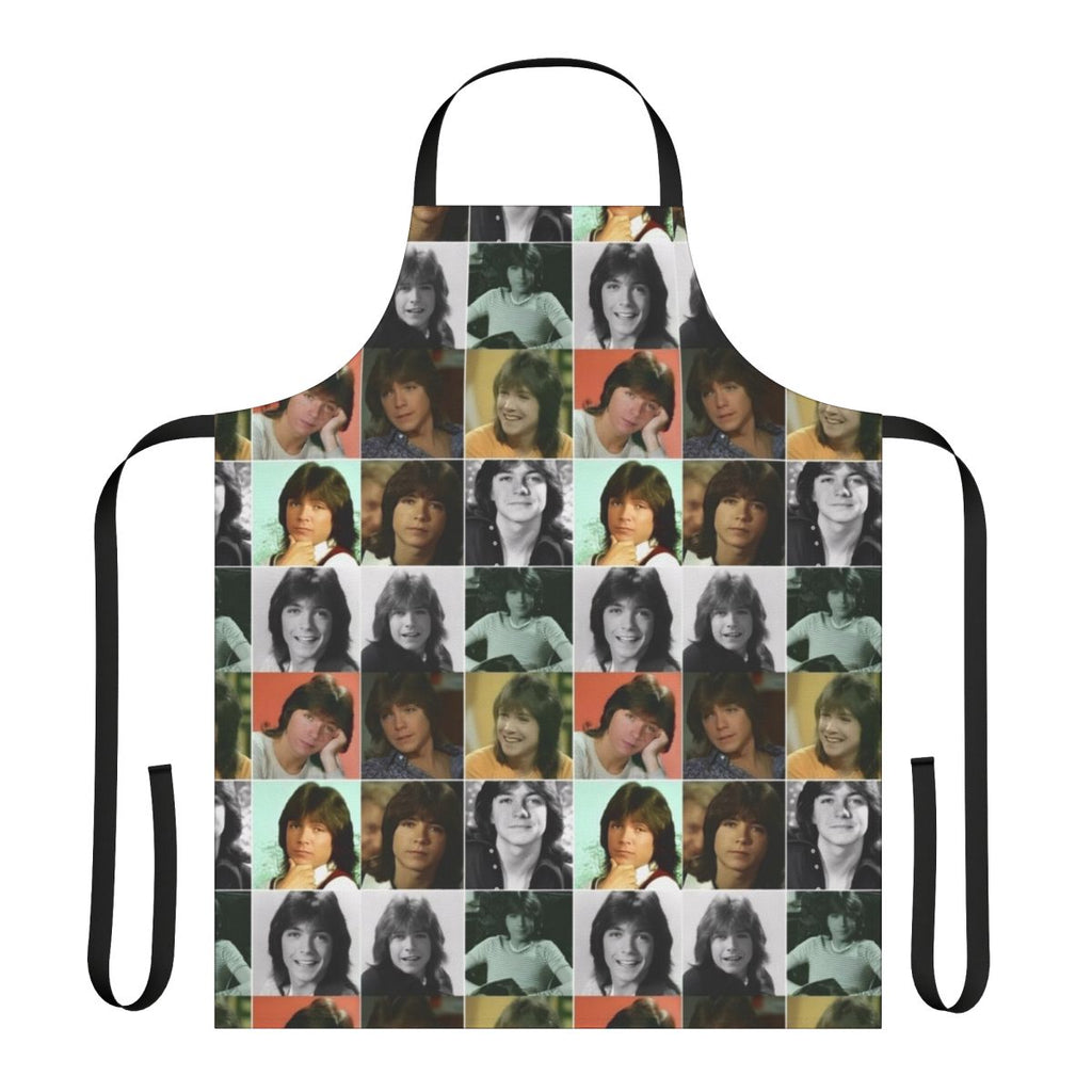 Retro-styled kitchen apron featuring a collage design of singer David Cassidy.