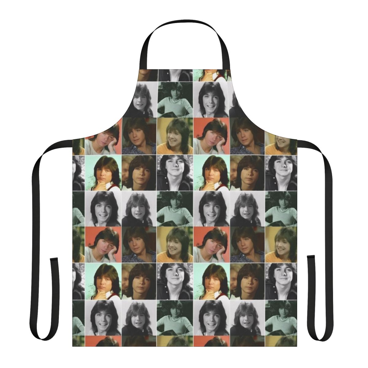 Retro-styled kitchen apron featuring a collage design of singer David Cassidy.