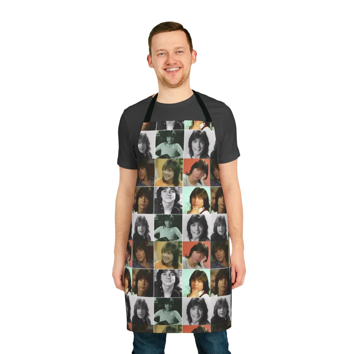 Retro-styled kitchen apron featuring a collage design of singer David Cassidy.
