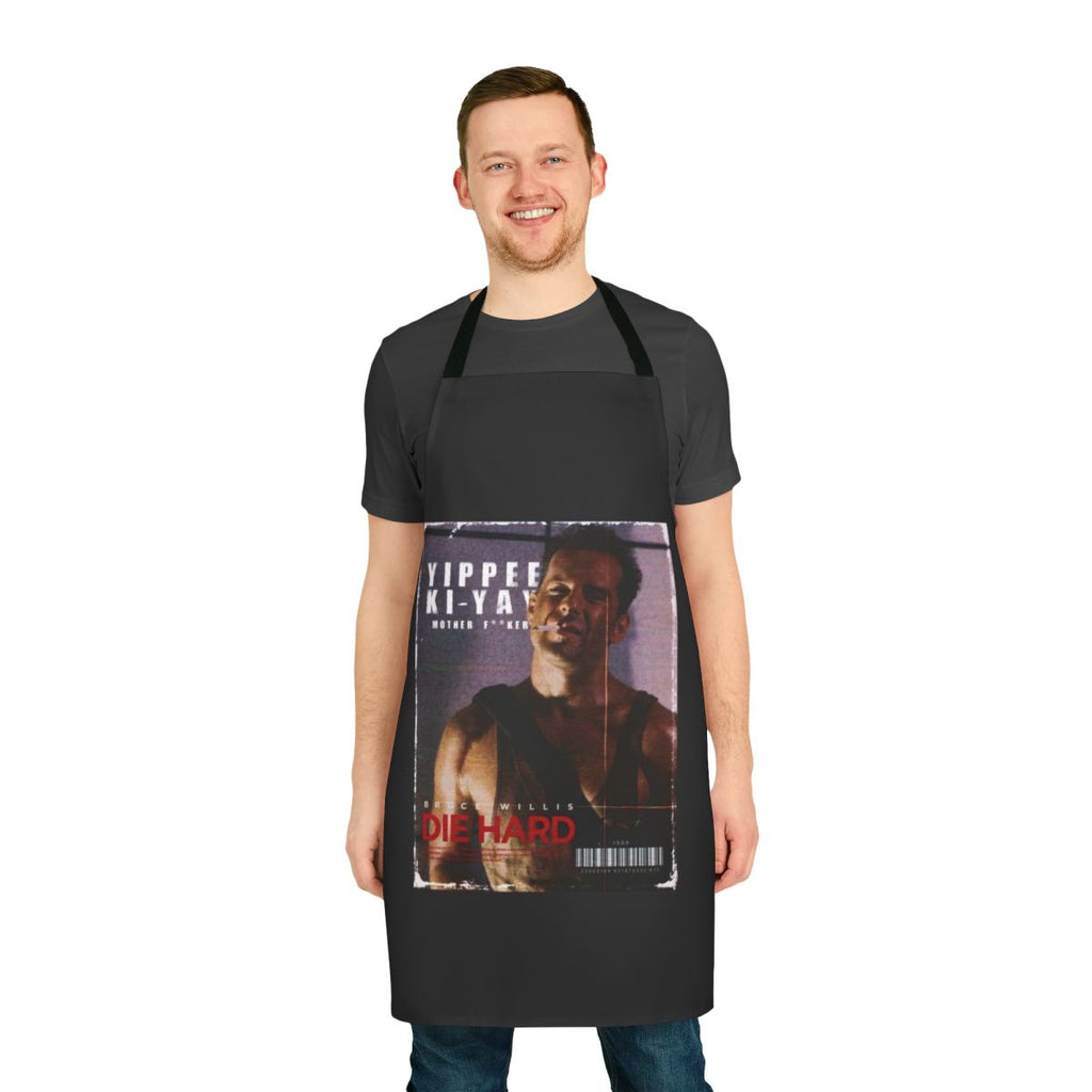 Retro-style apron featuring Die Hard movie references and quotes