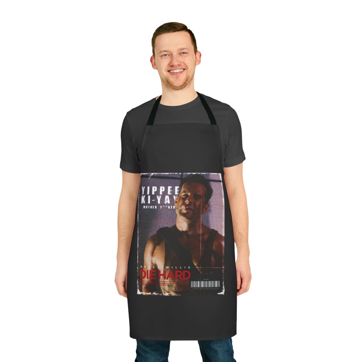 Retro-style apron featuring Die Hard movie references and quotes