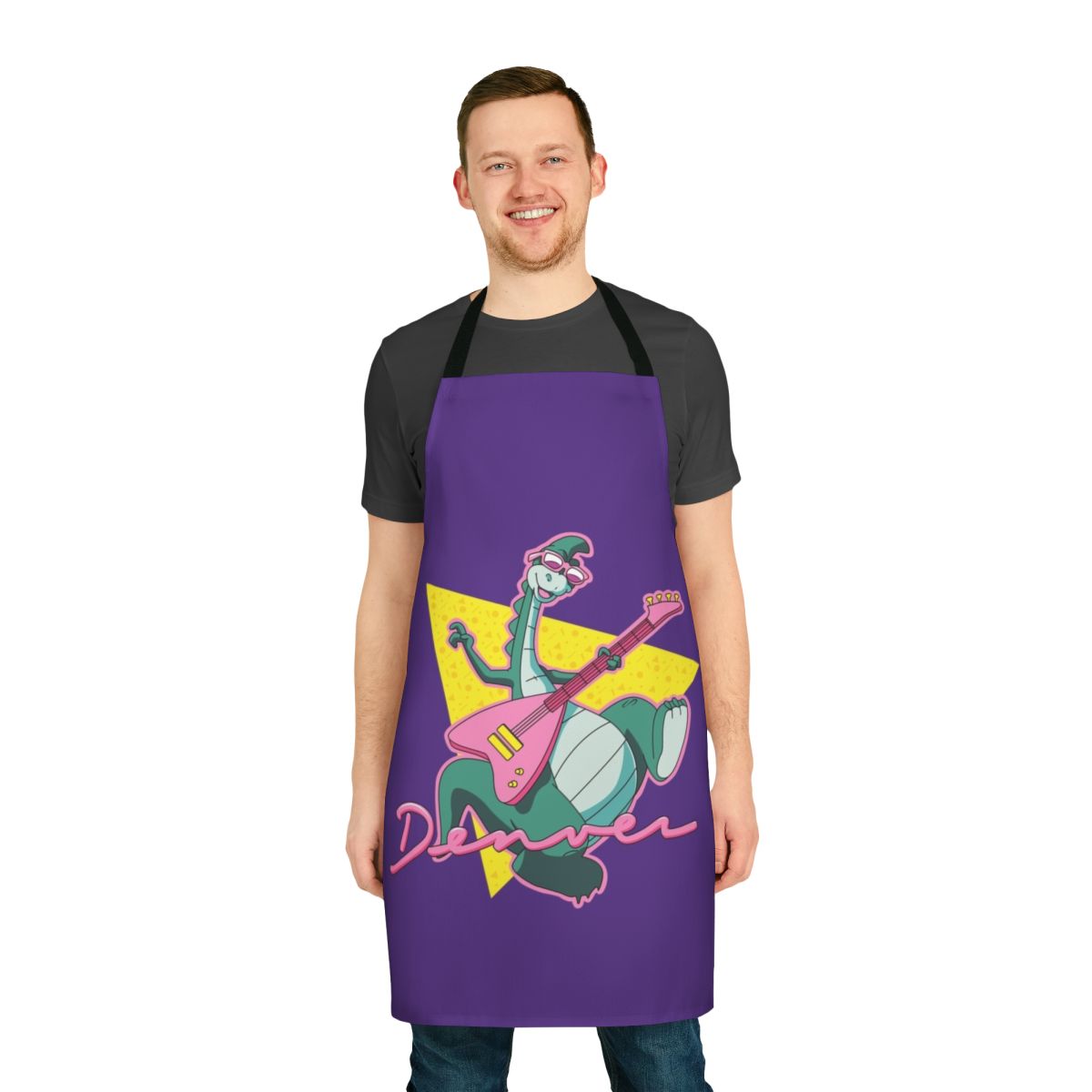 Vintage-style dinosaur apron with 80s cartoon design
