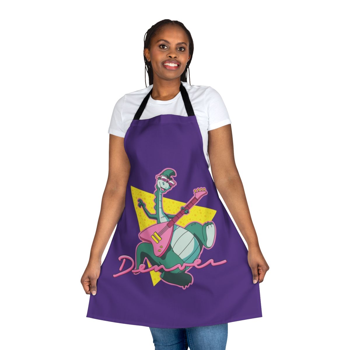 Vintage-style dinosaur apron with 80s cartoon design